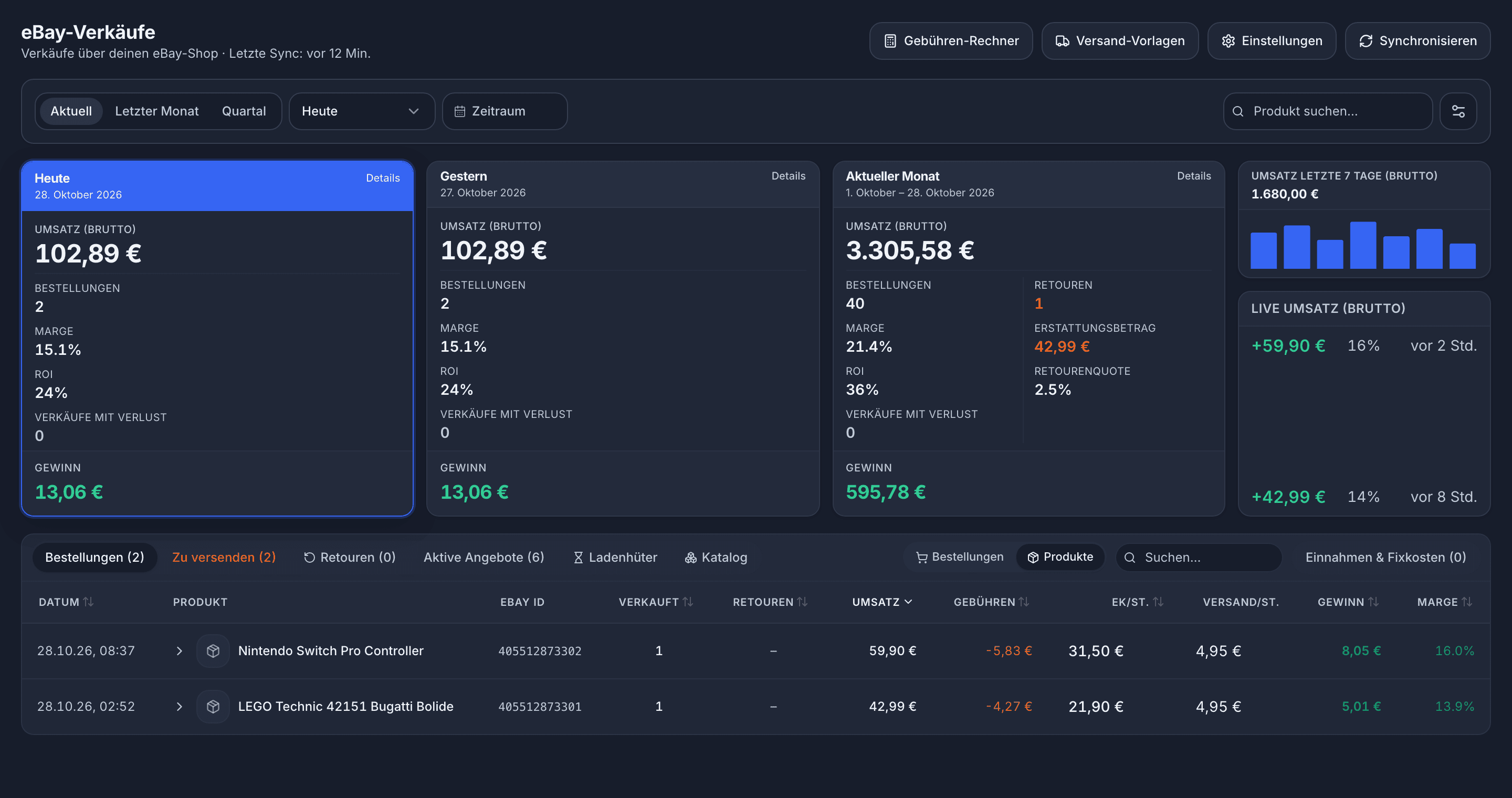 SellerTool eBay-Verkaufsdashboard mit Beispieldaten